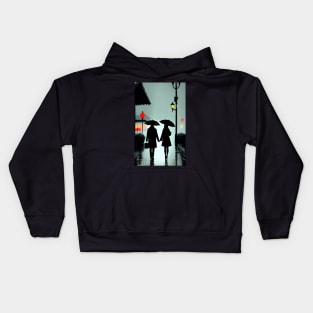 couple holding hand in rain Kids Hoodie